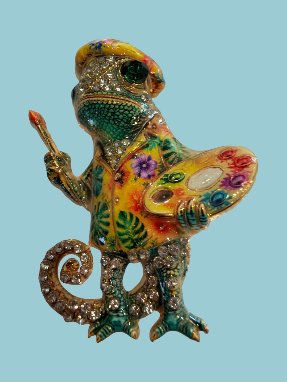Artist Chameleon Figurine Brooch in Yellow and Green